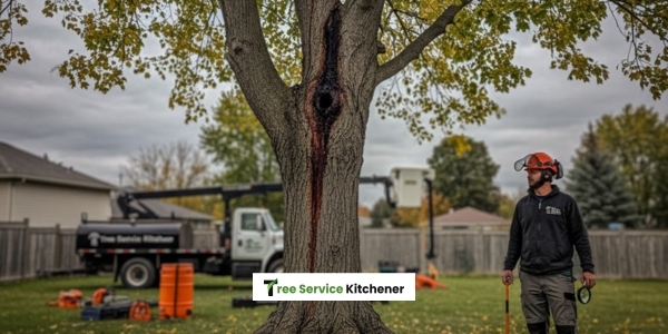 Dying Kitchener maple with EAB damage, canker, roots; Tree Service Kitchener arborist with probe, bucket truck, urgent tones.